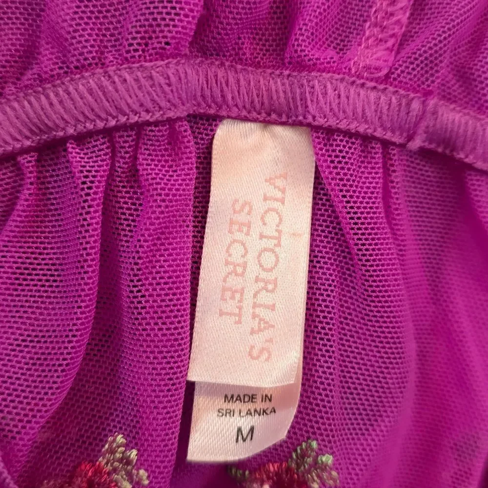 Victoria's Secret Sheer Fushia Purple Floral Lingerie Chemise Ruffle Size Medium